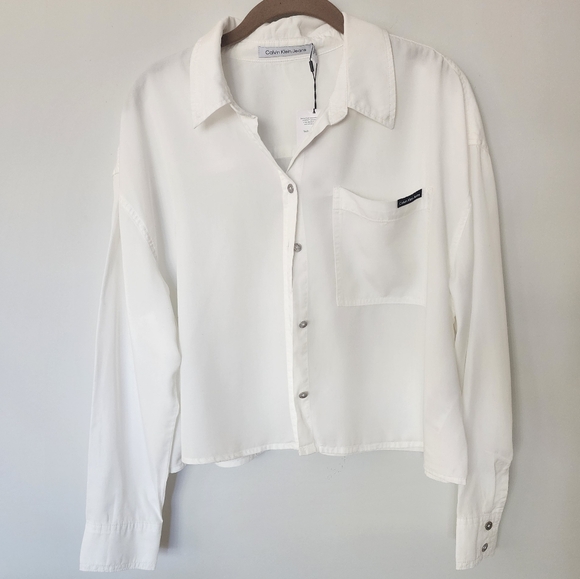 Calvin Klein Jeans long sleeve white button down crop top, size Medium - Picture 1 of 6